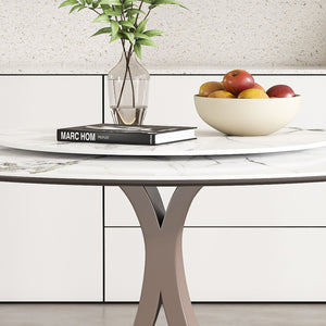 English Elm 53" Round Dining Table With 360° Lazy Susan - Durable Sintered Stone, Heavy-Duty Base, Modern Style W2699S00058