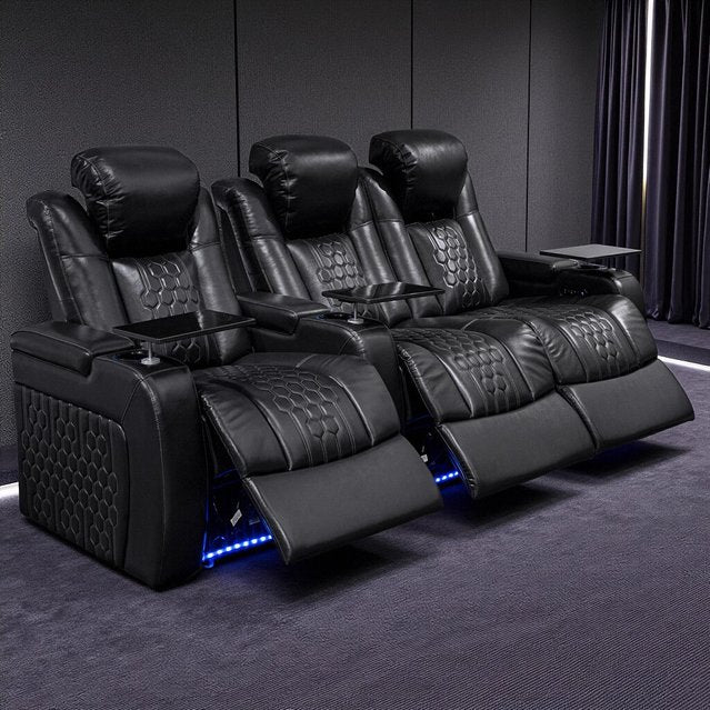 English Elm 93.3"power Recliner Set Nappa Leather Home Theater Rgb Lighting Usb Charging W3819S00093