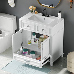 English Elm 30'' Bathroom Vanity with Sink - Retro Solid Wood Frame, Ceramic Basin, Soft-Close Doors & Ample Storage White N710P190656K