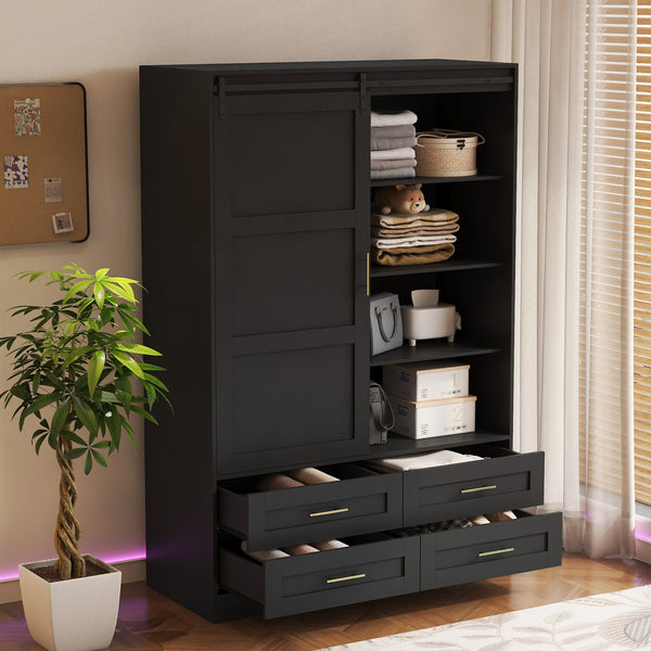 English Elm Tall Farmhouse Wardrobe Armoire with Sliding Barn Doors Drawers and Hanging Rod W1321S00045
