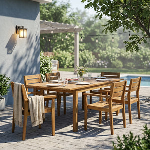 English Elm 7 Piece Solid Acacia Hardwood Expandable Outdoor Dining Set with Six Slatted Chairs Teak N762S000033AAA