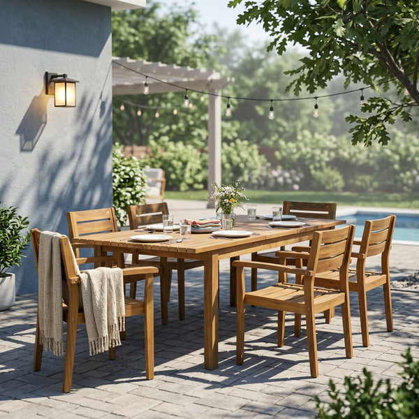 English Elm 7 Piece Solid Acacia Hardwood Expandable Outdoor Dining Set with Six Slatted Chairs Teak N762S000033AAA