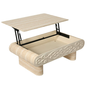 English Elm Rounded Edge Coffee Table Solid Wood Engraved Drawer Modern Living Room Storage Beige+Yellow W3040P428650