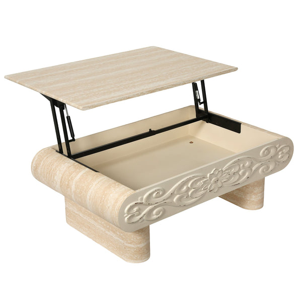 English Elm Rounded Edge Coffee Table Solid Wood Engraved Drawer Modern Living Room Storage Beige+Yellow W3040P428650