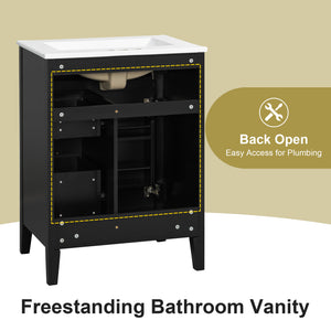 English Elm "24'' 24 Inch Glossy Freestanding Bathroom Vanity with Gold Hardware and Soft Close Storage Black Rubberwood N725P448529B