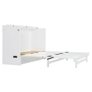 English Elm Full Size Murphy Bed Cabinet with Usb Charging Drawer and Rolling Base for Studios LP000597AAK