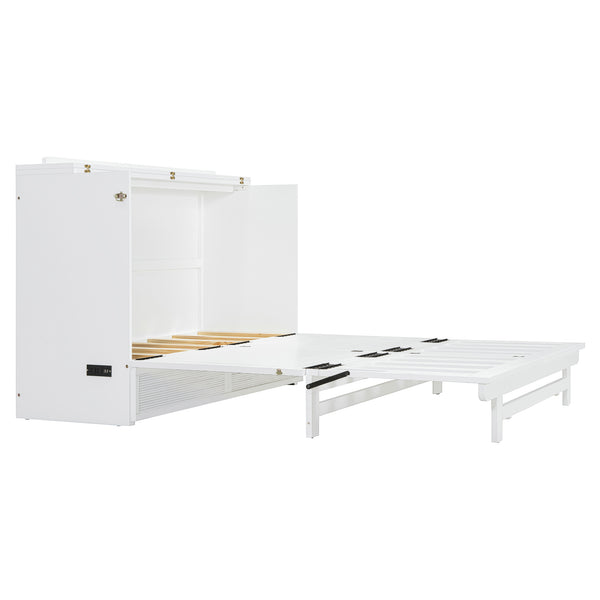 English Elm Full Size Murphy Bed Cabinet with Usb Charging Drawer and Rolling Base for Studios LP000597AAK