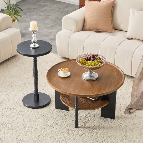 English Elm 2-piece Round Coffee and Side Table Set Walnut Grain Storage Shelf Living Room W1151P433331
