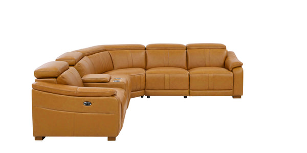 English Elm Leather Match Power Reclining Sectional with Storage Console and Adjustable Headrests Ginger B2748S00027