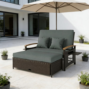 English Elm 4-in-1 Wicker Outdoor Daybed with Acacia Armrests Reclining Loveseat and Storage Ottoman Gray T3971P484825