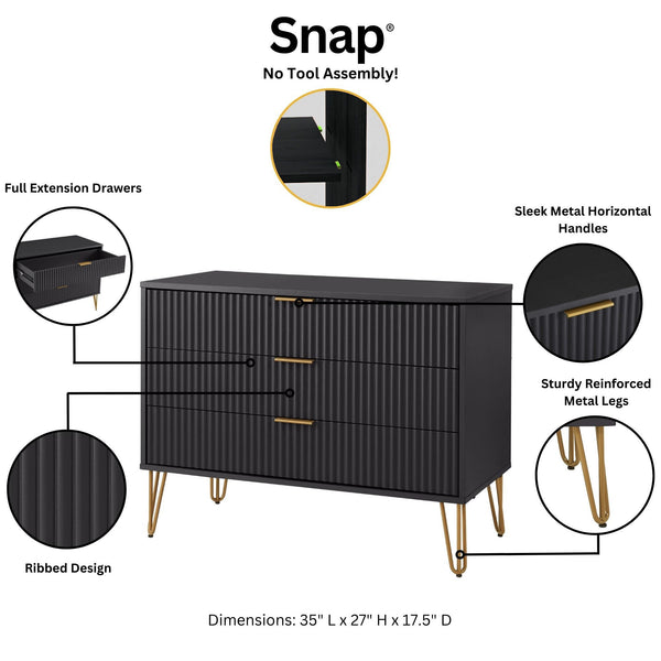 English Elm Dumbo 35" Fluted 3-Drawer Dresser with Gold Metal Legs, Glam Handles, Easy Snap Assembly Black B365P398118