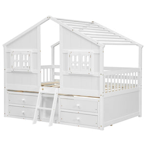 English Elm Full Size House Loft Bed With Roof & Windows, 4 Storage Drawers, Pine Wood, Safe Guardrails & Ladder W504S00242