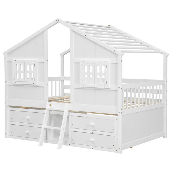 English Elm Full Size House Loft Bed With Roof & Windows, 4 Storage Drawers, Pine Wood, Safe Guardrails & Ladder W504S00242