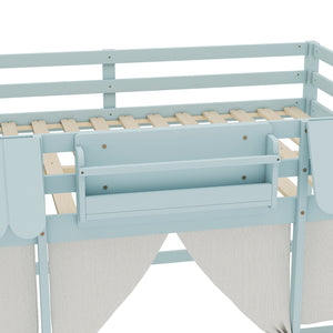 English Elm Full Loft Bed With Playful Cottage Design, Built-In Bookshelf, Curtain & Safety Guardrails For Kids W1580S00360