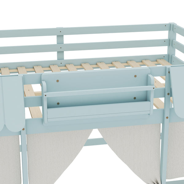 English Elm Full Loft Bed With Playful Cottage Design, Built-In Bookshelf, Curtain & Safety Guardrails For Kids W1580S00360