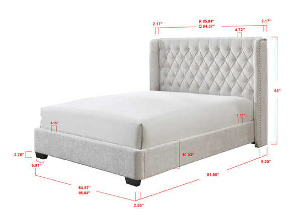 English Elm 1Pc Modern Upholstered Bed Frame With Tufted Winged Headboard In Soft Light Gray Tweed Fabric B2741S00258