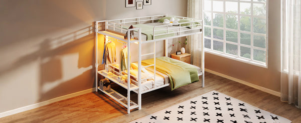 English Elm Full Size Metal Bunk Bed With Led Lights, Storage Shelves & Hooks - Stylish Space-Saver In White N7090000667K