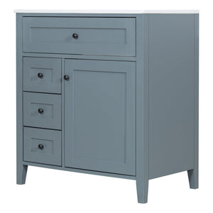 English Elm 30-Inch Contemporary Bathroom Vanity with Sink, MDF & Rubberwood, Glossy Finish, 3 Drawers + Cabinet Blue Gray N725P350819E