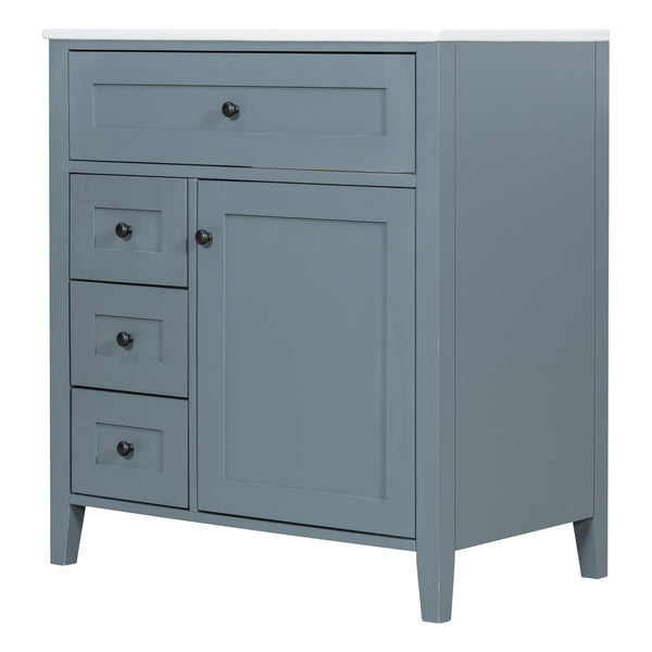 English Elm 30-Inch Contemporary Bathroom Vanity with Sink, MDF & Rubberwood, Glossy Finish, 3 Drawers + Cabinet Blue Gray N725P350819E