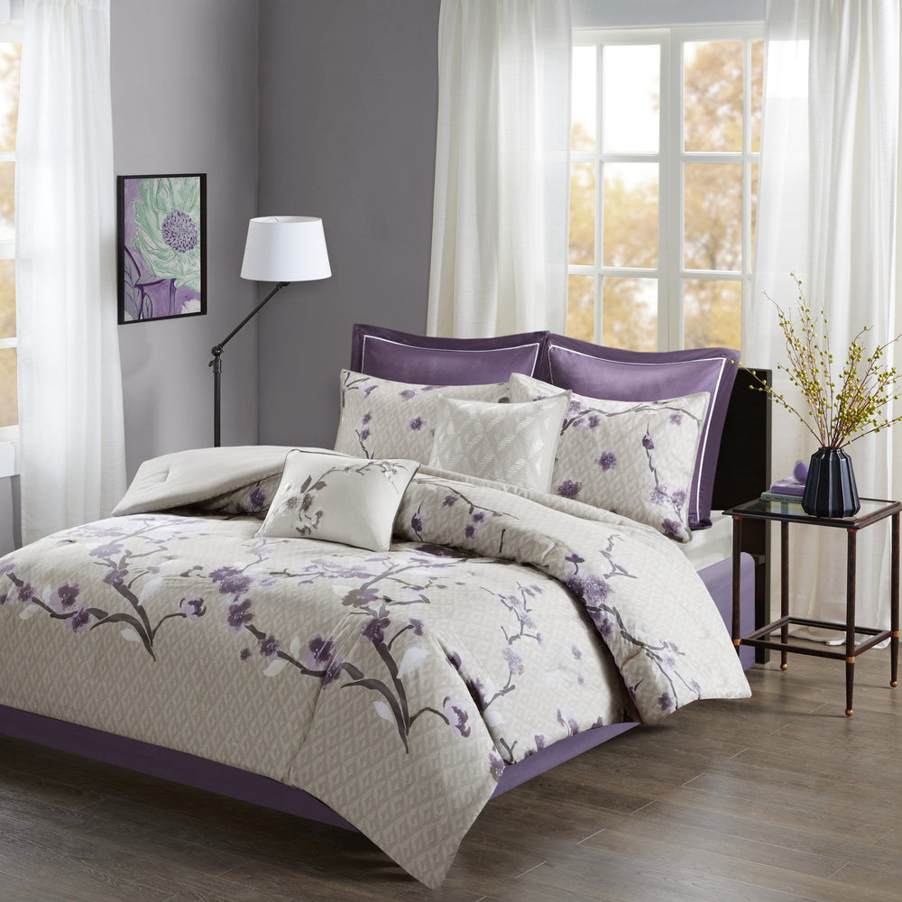 English Elm 8 Piece Cotton Comforter Set - Elegant Purple Floral Design For California King With Oeko-Tex Safety B03596979