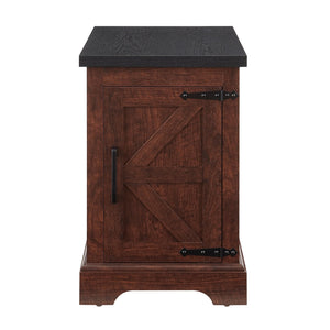 English Elm Farmhouse Rustic End Table with Barn Door Concealed Storage, Metal Handle, Retro Decor, Sturdy Base Oak W2275P192794