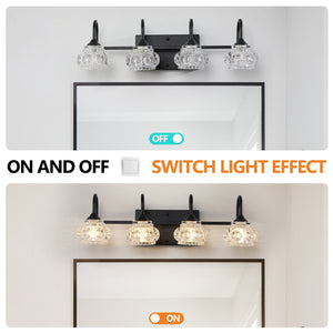 English Elm 23" Retro 4-Light Vanity Light Fixture Black Iron with Crystal Glass Shades Wall-Mount Hardwired Elegant Illumination for Bathroom Dressing Room W2312P374818