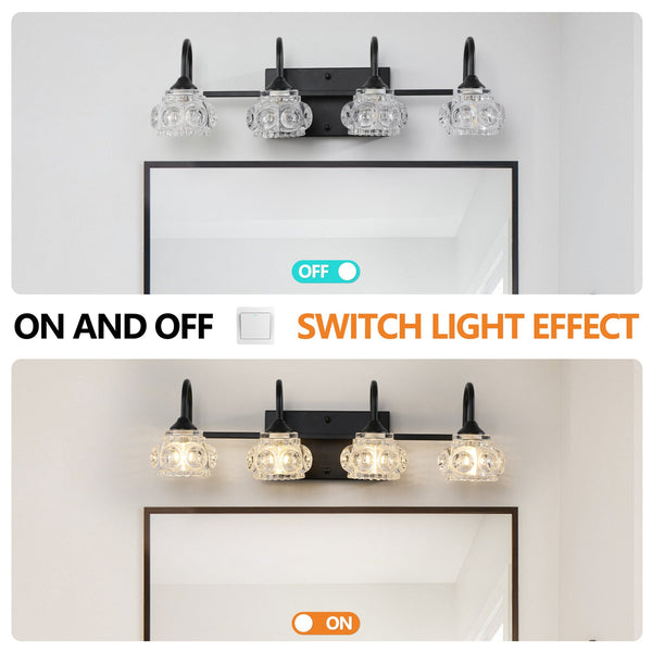 English Elm 23" Retro 4-Light Vanity Light Fixture Black Iron with Crystal Glass Shades Wall-Mount Hardwired Elegant Illumination for Bathroom Dressing Room W2312P374818
