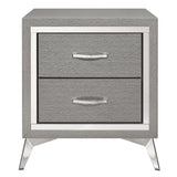 Grey Wood 2-Drawer Nightstand with Embossed Detail & Silver Trim - Retro Style & Elegant Design