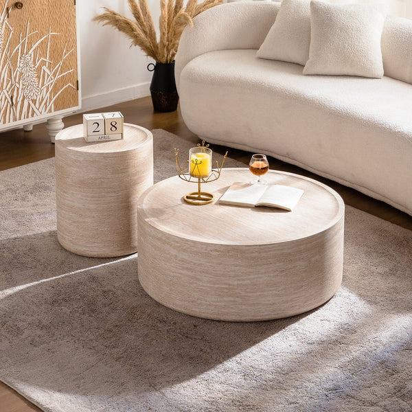 English Elm 31.5'' Round Drum Coffee Table with Amber Mars Texture for Modern Living Rooms W3081P394278