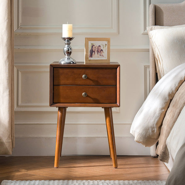 English Elm Night Stand with Fluted Drawer Open Shelf Mid Century Modern Bedside Table for Bedroom Walnut W3417P388715