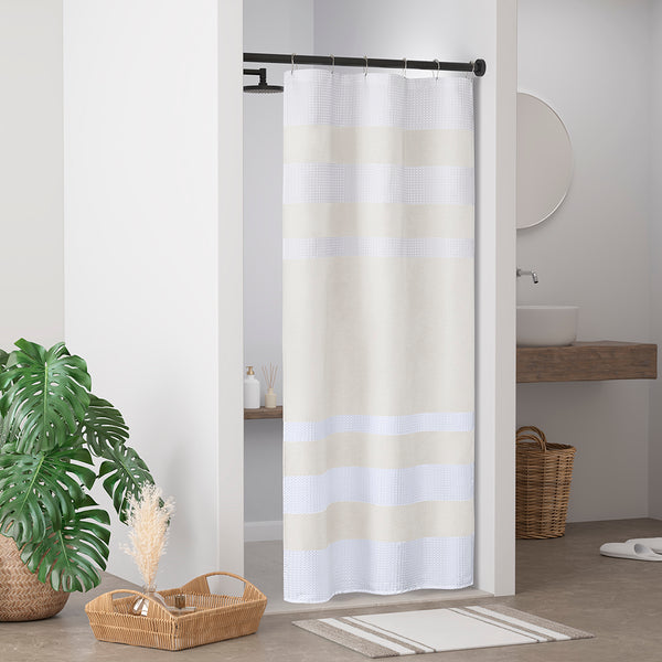 JLA Home Madison Park - Shower Waffle-Textured Stripe Shower Curtain with 3M Scotchgard Water-Repellent Finish for Spa Baths Cream MP70-8561