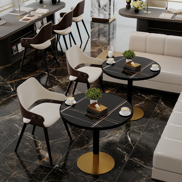 English Elm Round Tulip Bistro Table Faux Marble Top Gold Pedestal Base for Small Dining Spaces W3316P457300