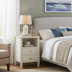 English Elm Winston 2-Drawer Storage Nightstand with Brushed Gold Knobs, Open Shelf, Fluted Legs, No Assembly Antique White B050P376955