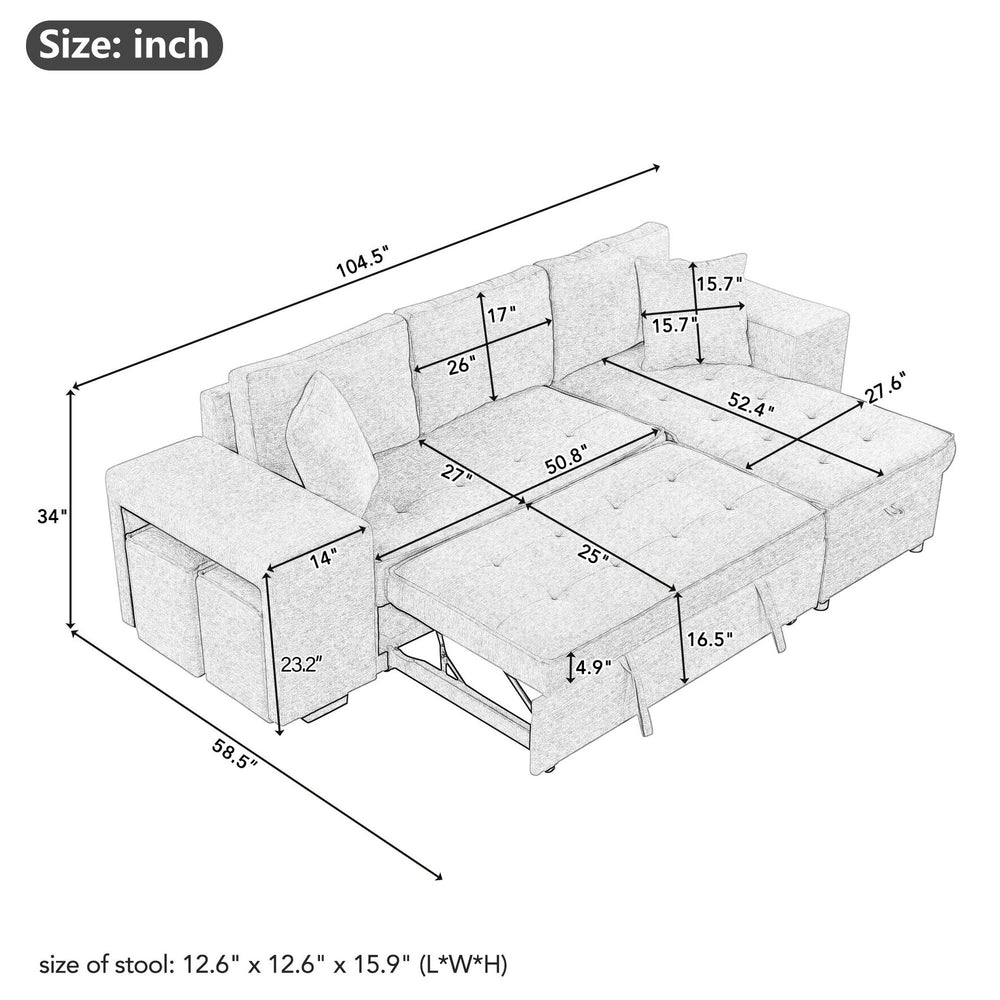 English Elm 104.5" Reversible L-shaped Sectional Sleeper Sofa with Storage Chaise and Linen Chenille Fabric Cream SG000432AAA