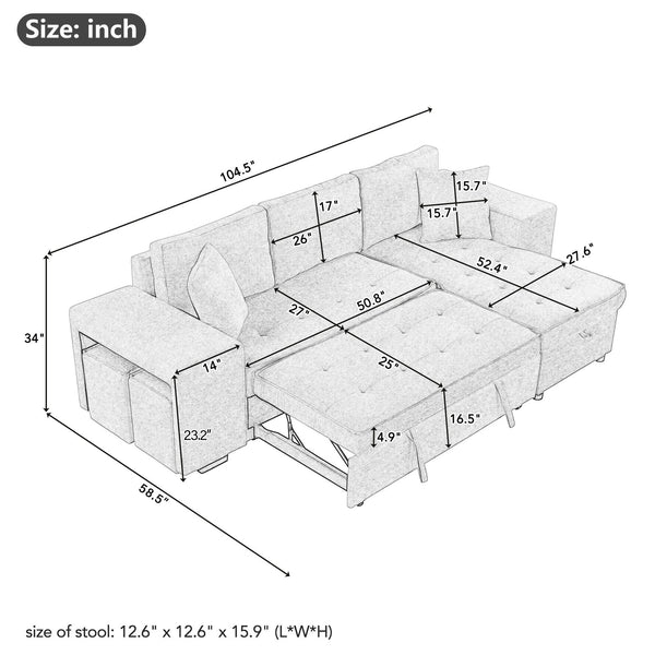 English Elm 104.5" Reversible L-shaped Sectional Sleeper Sofa with Storage Chaise and Linen Chenille Fabric Cream SG000432AAA