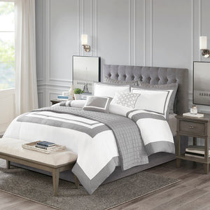 JLA Home Madison Park - 8 Luxury Comforter and Quilt Set Collection — Hotel-Inspired Layered Bedding with Embroidered Pillows, Machine Washable, Taupe-Compatible, Year-Round Comfort Grey MP10-6140