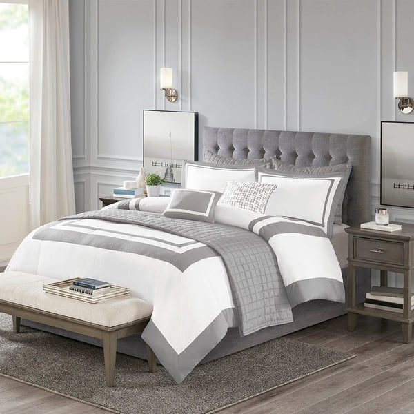 JLA Home Madison Park - 8 Luxury Comforter and Quilt Set Collection — Hotel-Inspired Layered Bedding with Embroidered Pillows, Machine Washable, Taupe-Compatible, Year-Round Comfort Grey MP10-6140