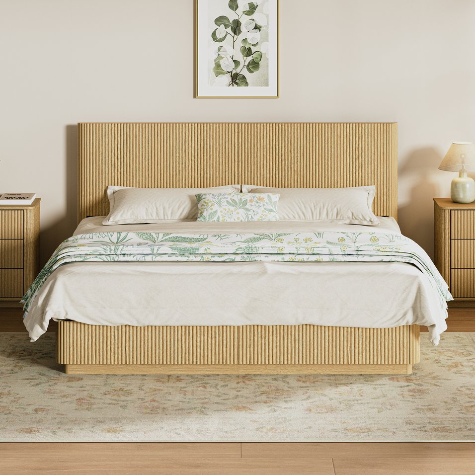English Elm Queen Bed Frame with Led Lighting Curved Groove Panels and Floating Base Modern Bedroom Oak W1820S00052