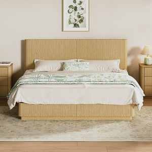 English Elm Queen Bed Frame with Led Lighting Curved Groove Panels and Floating Base Modern Bedroom Oak W1820S00052