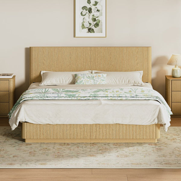 English Elm Queen Bed Frame with Led Lighting Curved Groove Panels and Floating Base Modern Bedroom Oak W1820S00052