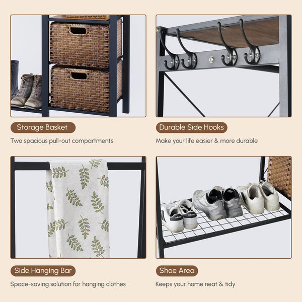 English Elm Acacia Wood Garment Rack with Shelves, 2 Wicker Drawers, 4 Hooks, Steel Frame, Rustic Organizing Solution W2391P289978