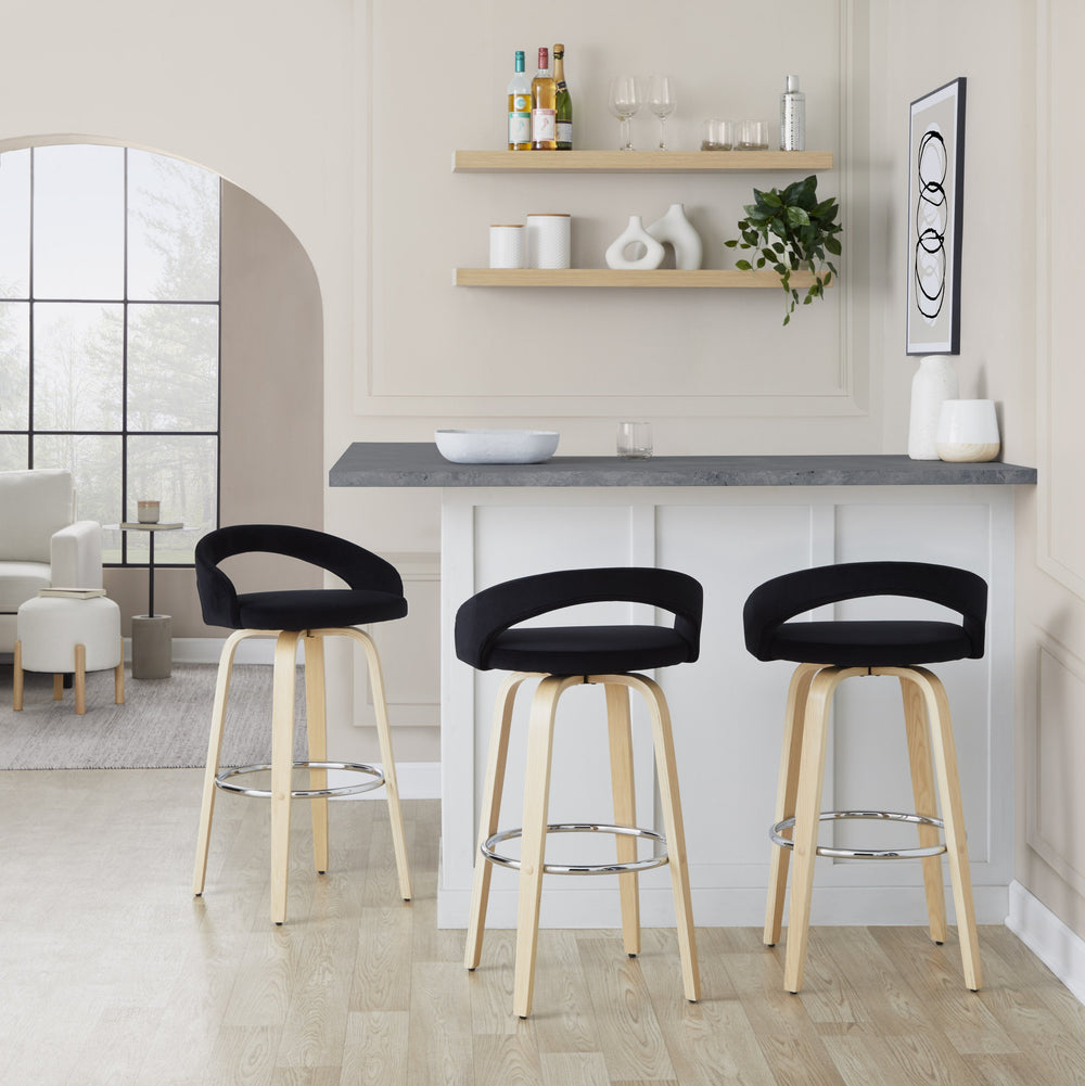 English Elm Fixed-height Swivel Barstools Velvet Seat Bent Wood Legs Chrome Footrest Set of 2 B202S01862