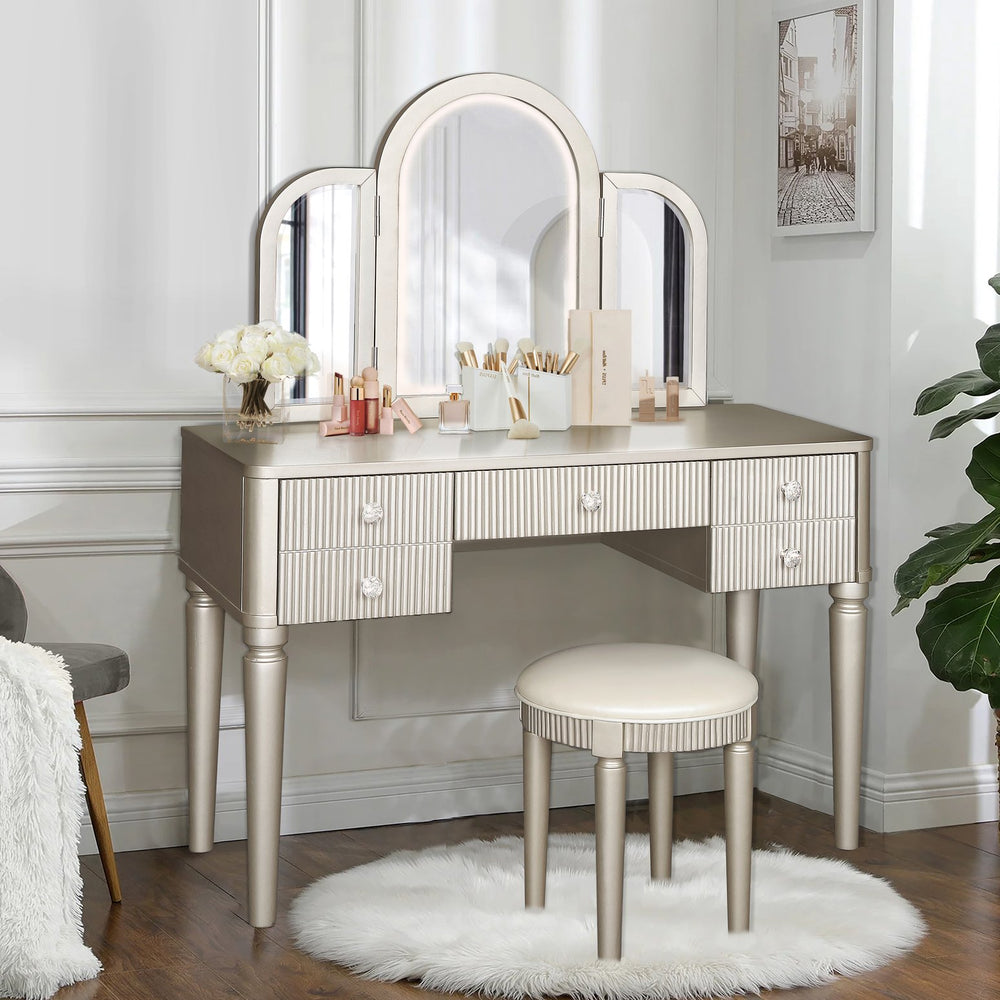English Elm AGODY Mirrored Vanity with LED Light and Solid Rubber Wood Frame, Skin-Friendly PU Seat for Bedroom Champagne W2170P208424