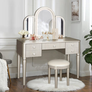 English Elm AGODY Mirrored Vanity with LED Light and Solid Rubber Wood Frame, Skin-Friendly PU Seat for Bedroom Champagne W2170P208424