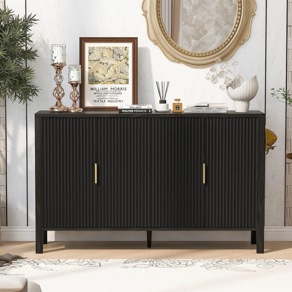 English Elm U_style Striped Four Door Sideboard Mdf Buffet Cabinet with Adjustable Shelves for Dining Black N711P345170B