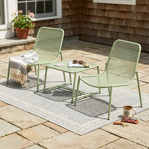 English Elm Kincaid Outdoor Iron Mesh Conversation Set Rust Resistant Patio Chairs with Side Table Matte Green N775P392159G
