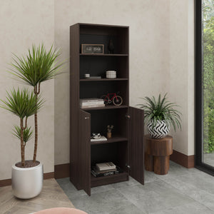 English Elm 2-Door Engineered Wood Bookcase with Upper Open Shelves, Dark Walnut & Black, Sturdy Storage Solution B097P350332
