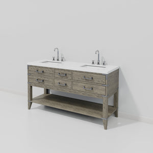 English Elm Grey Oak Double Bath Vanity With White Quartz Top, Chrome Faucet Set, Stylish Storage Solution B2731P260274