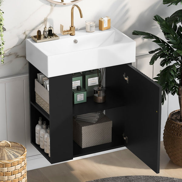 English Elm 21.6 Modern Floating Bathroom Vanity with Ceramic Basin, Wave Door, Rose Gold Handle, Space-Saving Black N729P170390B