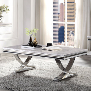 English Elm Modern Glam Coffee Table with 18mm Faux Marble Top, Beveled Edges and Curved Pedestal Metal Base Chrome 31 L x 55 W x 4 H B2741S00430